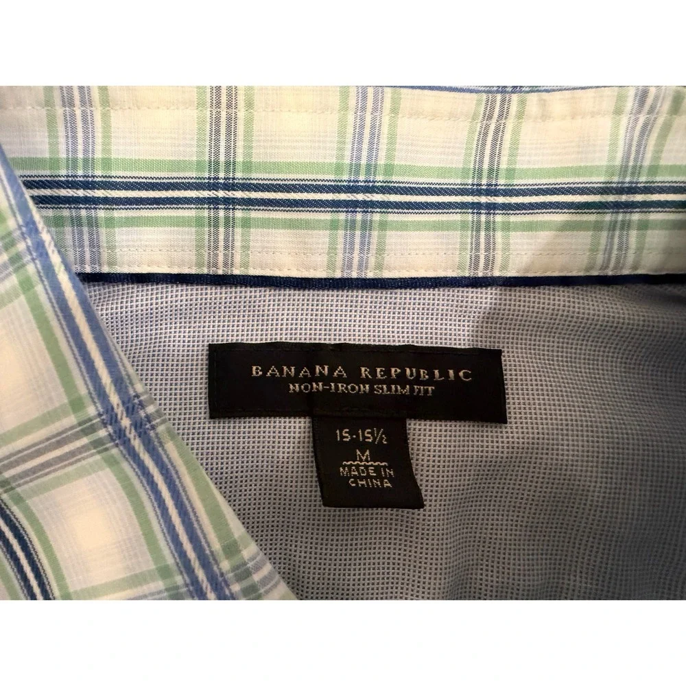 Banana Republic Mens M 15-15.5 Non-Iron Slim Plaid Button‎ Down Shirt Blue Green